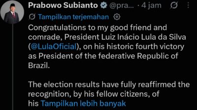 Presiden Prabowo Ucapkan Selamat atas Kemenangan Lula di Pilpres Brasil, Dorong Penguatan Hubungan Kedua Negara